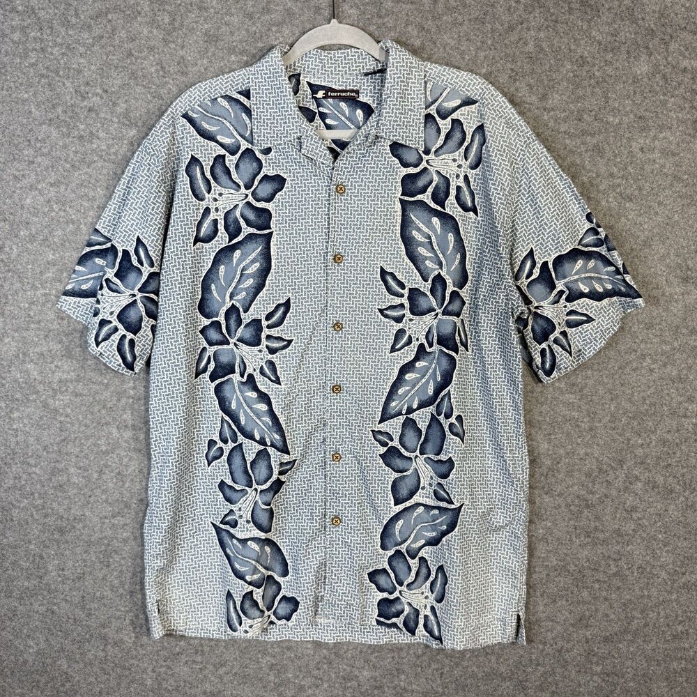 ferruche 100% Cotton Mens Short Sleeve button Up Shirt Blue/White Size L‎